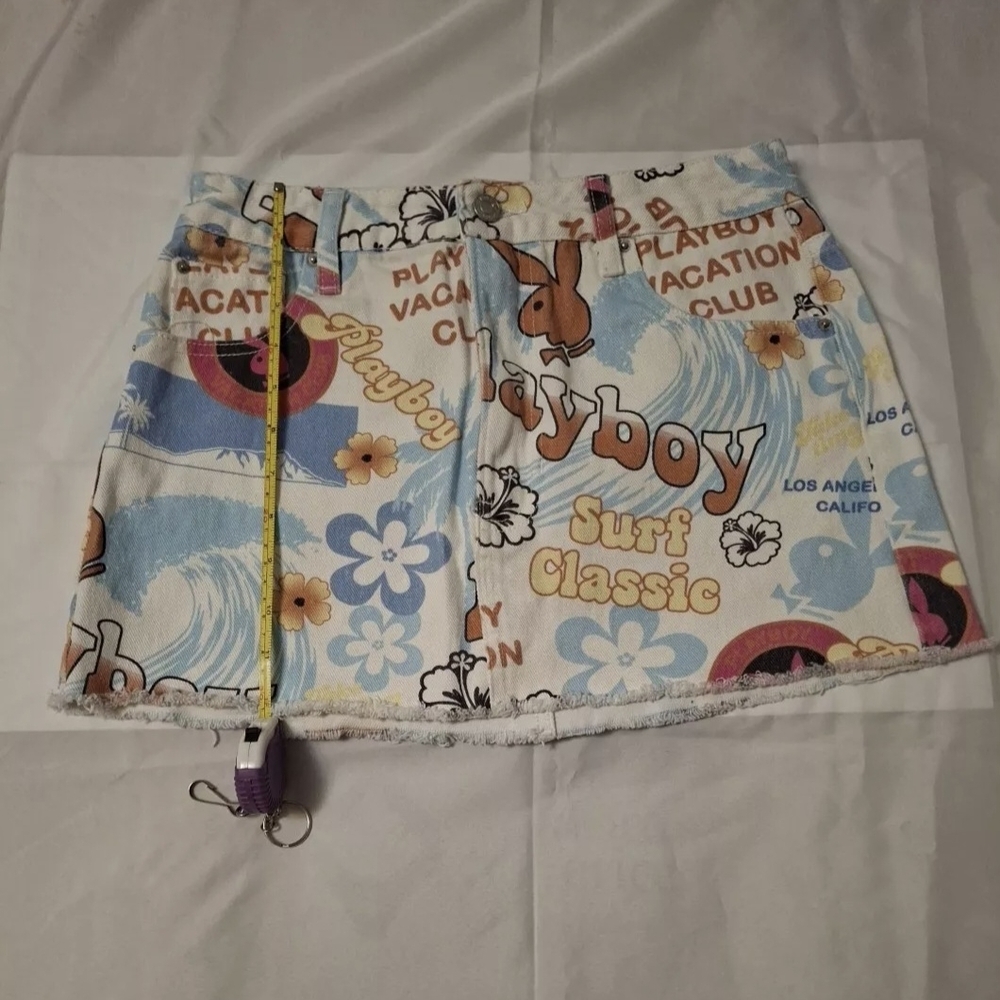 PLAYBOY Mini Skirt Blue and White Cartoon Print